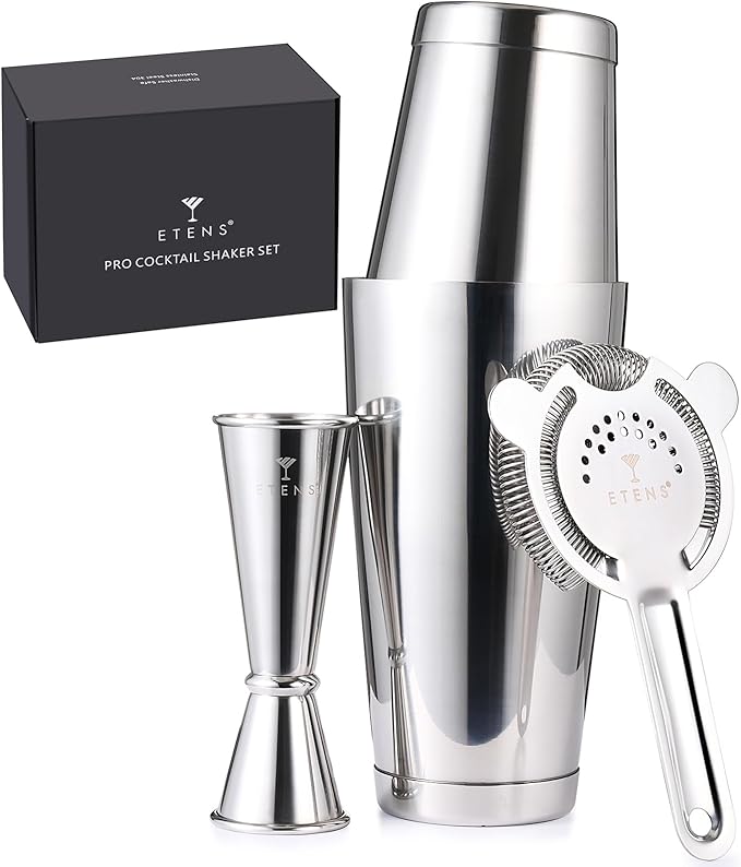 Professional Cocktail Shaker - Weighted Boston Shaker Set with Hawthorne Strainer & Japanese Jigger for Drinks - Stainless Steel Bartender Kit for Mixology