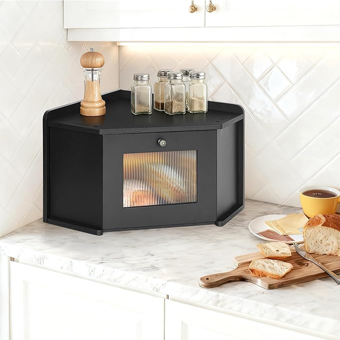 Corner Bread Box for Kitchen Countertop, Wooden Bread Storage for Homemade Bread, Rustic Breadbox with Acrylic Wavy Door, Bread Container for Kitchen Counter Cabinet, Pantry, Cupboard
