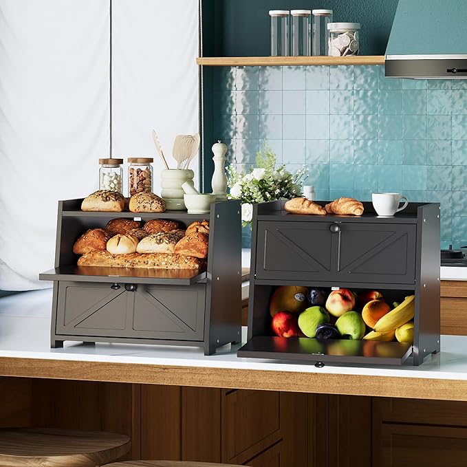 Vintage Double Layer Bread Box for Kitchen Counter Bamboo Bread Storage Container Large Capacity Bread Storage Bin (Black)