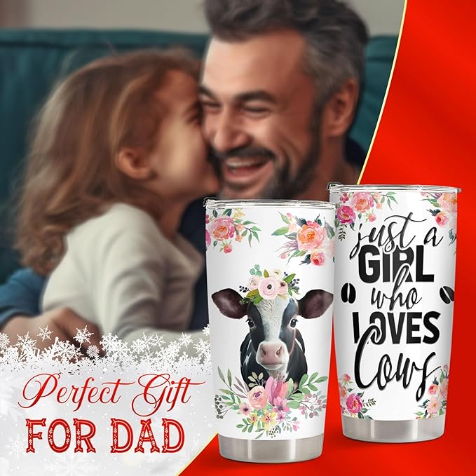 34HD Just A Girl Who Loves Cow Tumbler with Lid, 20 oz Stainless Steel Farm Animal Drinking Cup, Cow Gifts for Women on Birthday, Christmas, Mothers Day, Annivesary
