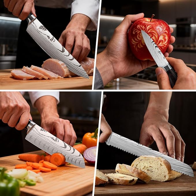 10-Piece Premium Japanese Kitchen Knife Set - Imperial Collection, Laser Damascus Pattern, 440A Stainless Steel Ultra Sharp for Fast Cutting (Redwood 10J)
