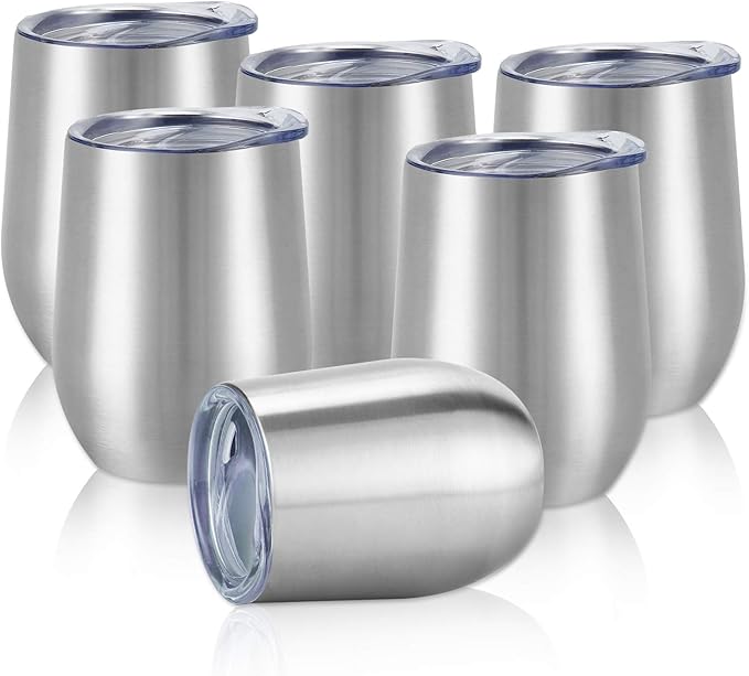 6 Pack Stainless Steel Wine Tumblers, 12Oz Insulated Wine Tumbler, Double Wall Insulated Wine Glass, Stainless Steel Stemless Wine Cups with Lids for Coffee, Wine, Cocktails, Champaign, Silver