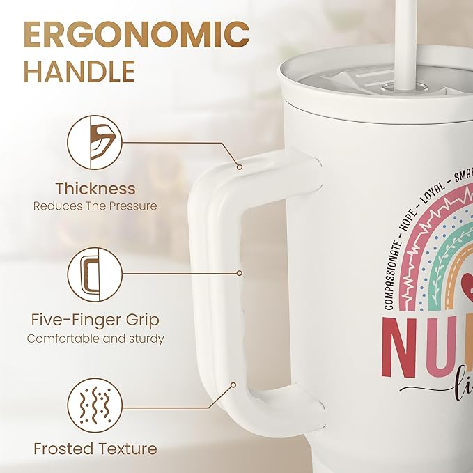 SANDJEST Nurse Tumbler with Handle 40oz, Stainless Steel Tumblers Coffee Travel Mug Cups with Straw, Nurses Appreciation Gifts for Women Female, Nursing Gift for Birthday Christmas Nurse's Week