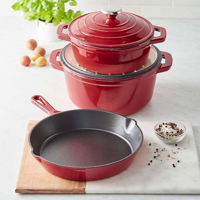 Sur La Table Enameled Cast Iron Cookware Set – Includes 5-Qt & 2.5-Qt Dutch Ovens with Lids and 10" Skillet, Oven to 500°F, Induction Compatible, Essential Starter Gift Set, Red