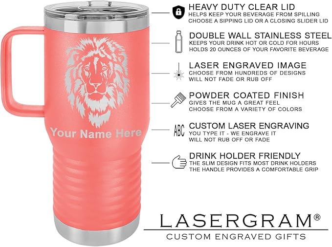 LaserGram 20oz Vacuum Insulated Travel Mug with Handle, Tiki Statue, Personalized Engraving Included (Coral)