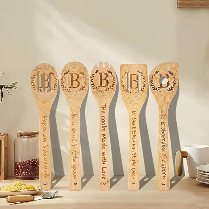 5PCS Initial Wooden Cooking Spoons Initial Letter Kitchen Decor Gifts Personalized Monogrammed Birthday Gifts for Women Mom Friend Housewarming Wedding Bamboo Cooking Spoons