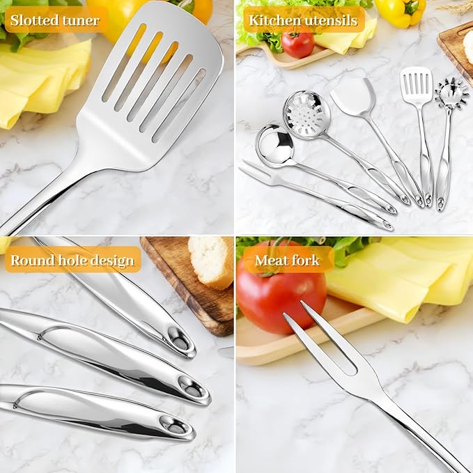 Stainless Steel Cooking Utensils Set - 6 Piece Kitchen Utensils Set, One Piece Seamless Handle Stainless Steel Utensils with Hanging Hole, Dishwasher Safe