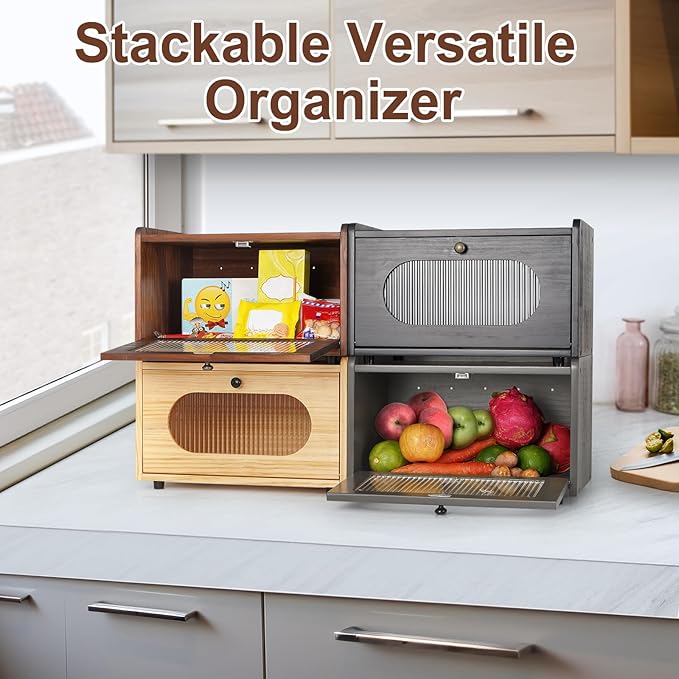 Sunhoo Bread Box for Kitchen Countertop Storage Wooden Breadbox Holder Container Morden Rustic Fresh Bread Keeper Farmhouse Stackable Organizer Bin for Homemade Food Shelf Acrylic Window (Black)
