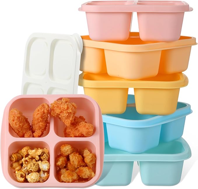 Honeydak 5 Pack Snack Containers 4 Compartment Bento Snack Boxes Reusable Lunchable Containers with Lids Divided Meal Prep Lunch Food Storage Box for School Work Travel(Candy Color,Equal)