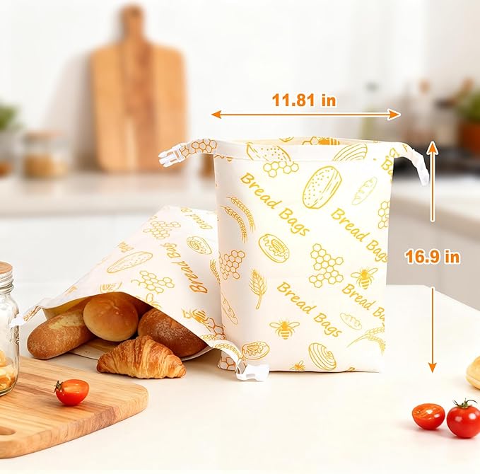 Bees Wax Bread Bags for Homemade Sourdough - 2 Pack XL Reusable 100% Organic Cotton Linen Bread Bags Keep Bread Fresh for Weeks, Homesteading Essentials Sourdough Bags