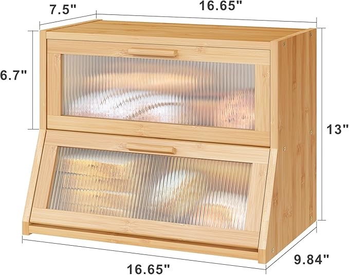 Bread Box for Kitchen Counter, Large Bamboo Wooden Double Layer Large Capacity Bread Storage Bin with Acrylic Wavy Door Panel (Natural)