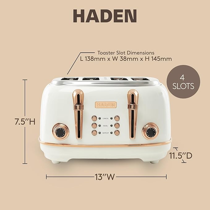 Haden Heritage 4 Slice Wide Slot Stainless Steel Toaster with Adjustable Browning Control & Non-Slip Feet, Ivory & Copper
