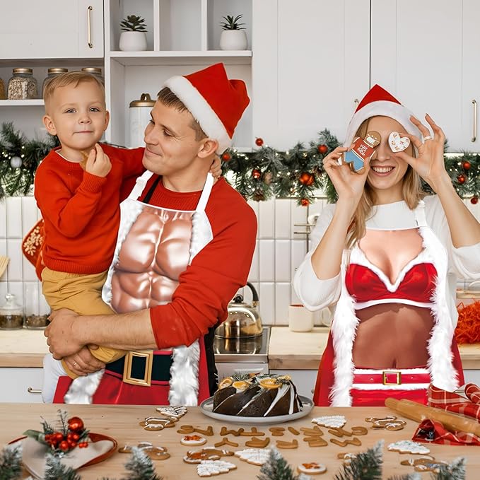 4 Pcs Christmas Aprons with Hats for Women Men Adjustable Kitchen Funny Cooking Aprons for BBQ Party