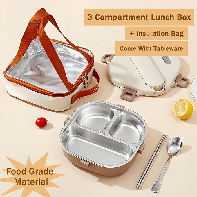 Stainless Steel Bento Box, 800ml Leakproof Lunch Box, Easy To Open And Close, Food Storage Container For Outings, Picnics, And Travels (3 Compartments, + Insulation Bag)