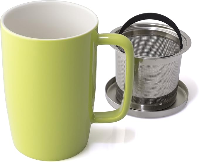FORLIFE Dew Glossy Finish Brew-In-Mug with Basket Infuser & "Mirror" Stainless Lid 18 oz., Lime