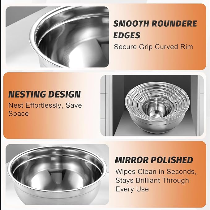 BEWOS 21 Pcs Mixing Bowls with Lids - 7 Stainless Steel Bowls, 3 Graters, 11 Practical Kitchen Accessories, Dishwasher Safe, Ideal for Baking, Meal Prep & On-the-Go, Easy to Store