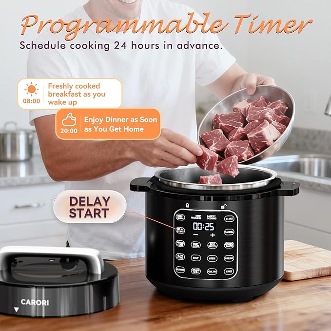 9-in-1 Electric Pressure Cooker 6 Quart Black, Stainless Steel Pot, 12 Preset Functions with Touchscreen, Safe Steam Release, Stew, Slow Cook, Rice, Sauté, Warmer