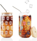 Onebttl Sugar Skull Gifts, Day of the Dead Gifts, Iced Color Changing 16oz Soda Can Glass with Bamboo Lid and Glass Straw, 16oz Skull Printed Beer Can Glasses