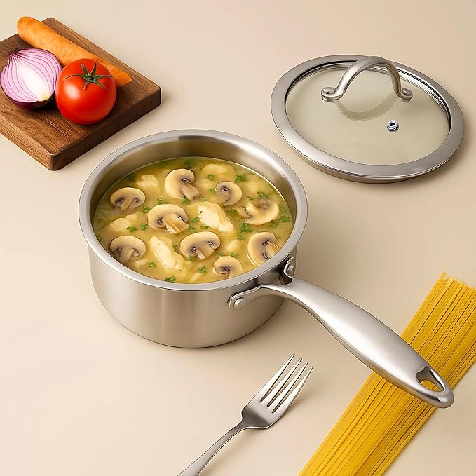Stainless Steel Small Brushed Saucepan With Lid, Induction Cooking Sauce Pot Pans, 18/10Tri-Ply Heavy Bottom Saucier Cookware, Dishwasher Safe & Oven Safe (2.5QT)