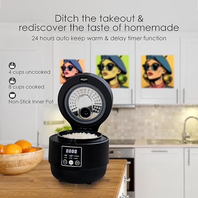 MAGiC COM Mini Rice Cooker 4 Cup Uncooked (8 Cup Cooked), Small Digital Multi-Cooker with Steamer, 24H Delay Timer, Automatic Keep Warm, Non-Stick Pot, Perfect for Dorm, Travel, Single Serve (Black)
