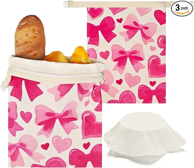 Beeswax Bread Bags for Sourdough 2 Pack 13"x17" Eco-Friendly Reusable Linen Cotton Storage Bags with Zipper Closure for Homemade Bread Fresh-Keeping, Freezer-Safe (Heart bow)