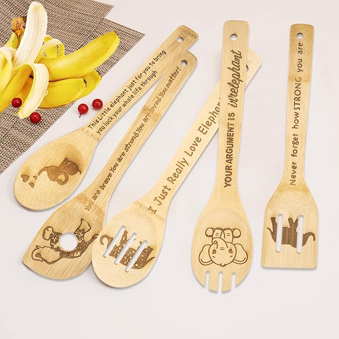 5PCS Elephant Wooden Cooking Spoons Set - Elephant Gifts & Kitchen Decor - Bamboo Cooking Utensils