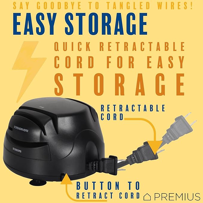 3-In-1 ELECTRIC KNIFE SHARPENER SYSTEM by PREMIUS, Great for Kitchen and Sport Knives, Scissors, Screwdrivers, 2-Stage Sharpening System Appliance, Compact Quick, Easy Design, Retractable Cord, Black