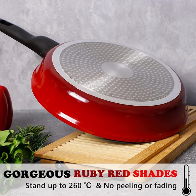 Nonstick Deep Frying Pan Skillet with Lid, 12 inch/ 5 QT Saute Pan with Silicone Spatula, Sauce Pan Cookware Cooking Chef Pan, Induction Compatible, Cast Aluminum Ruby Red