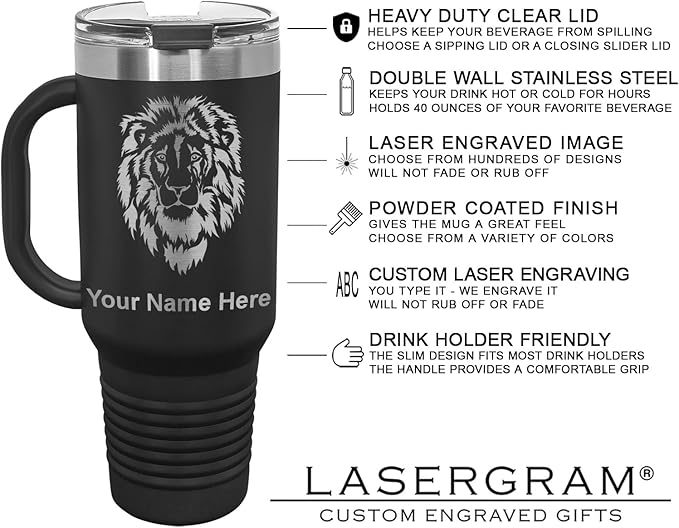 LaserGram 40oz Vacuum Insulated Travel Mug with Handle, Sushi, Personalized Engraving Included (Black)