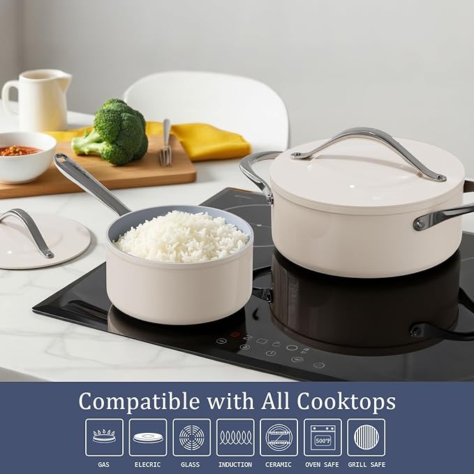 Stock Pot 4.5qt Dutch Oven with Lid (9.5") Nonstick Ceramic Coated Non-Toxic PFAS-Free Even Heat Distribution for Braising, Baking Bread & Soups, Compatible for All Cooktops(Induction/Gas/Electric) Oven Safe to 500°F (Cream)