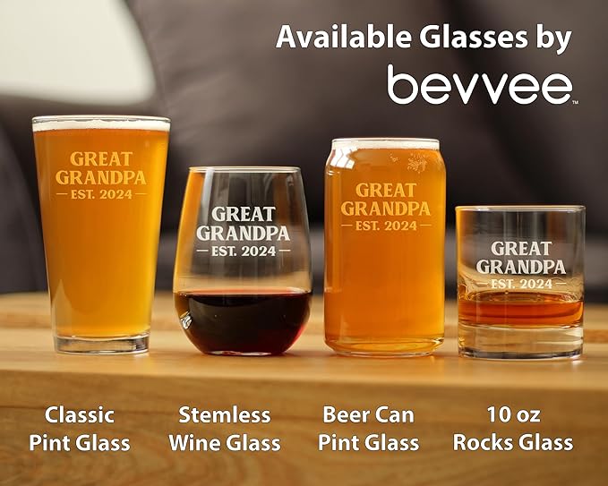 Bevvee Great Grandpa Est 2024 - New Great Grandfather Pint Glass Gift for First Time Great Grandparents - Bold 16 Oz Glasses
