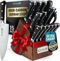 Cutluxe 15-Piece Knife Set – High Carbon German Steel Blades, Full Tang Design & Ergonomic Pakkawood Handles in Walnut Wood Block – Artisan Series