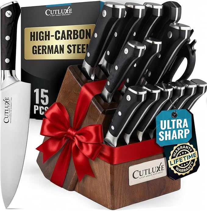 Cutluxe 15-Piece Knife Set – High Carbon German Steel Blades, Full Tang Design & Ergonomic Pakkawood Handles in Walnut Wood Block – Artisan Series