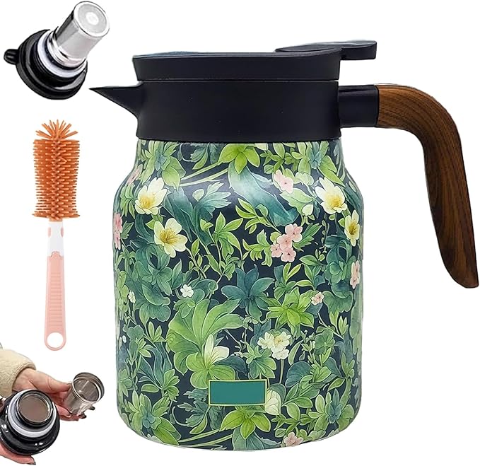 Vintage Floral Pattern Teapot – Built-In Infuser, 800ML/1000ML Heatproof Stainless Steel Teapot with Lid for Hot Drinks (Green, 800ml-Wooden handle)