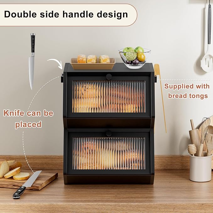 WOWLIVE Double Layer Bread Box for Kitchen Countertop, Large Bamboo Bread Storage Container for Homemade Bread, Farmhouse Bread Holder for Kitchen Counter Cabinet, Pantry, Cupboard (Black, Medium)