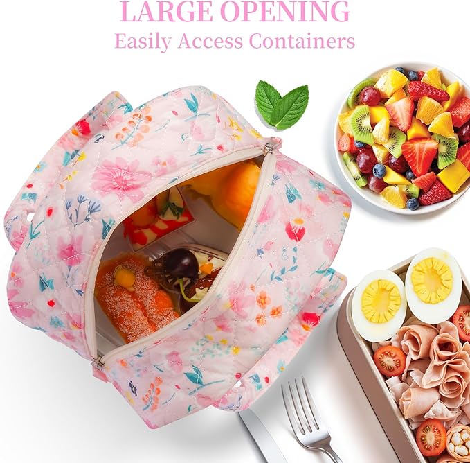Quilted Lunch Box for Women,Lunch Box for Teen Girls,Cute Colorful Floral Lunch Bags for Work, School,Office,Picnic,Travel (Watercolor floral)