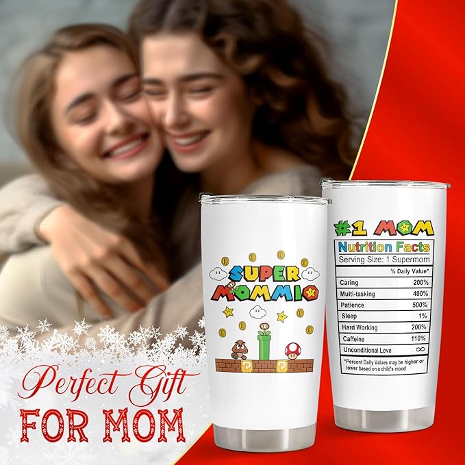 34HD Gifts for Mom Wife, Mommio Tumbler with Lid, 20 oz Vacuum Insulated Mommy Nutrition Facts Mug, Retro Game Mama Cup, Cool Gifts for Mom from Daughter Son Husband