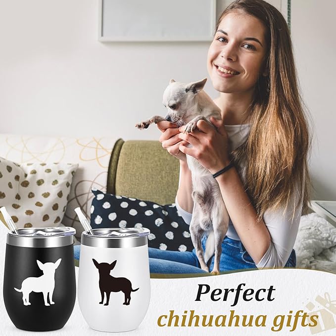 Lifecapido Chihuahua Gifts, Chihuahua Silhouette 12oz Stainless Steel Wine Tumbler Set of 2, Birthday Gifts Christmas Gifts for Dog Lovers Dogs Parents Dogs Mom Dog Dad, Black and White
