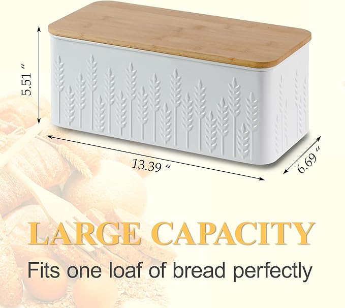 Large Bread Box for Kitchen Countertop Corner Breadbox for Homemade Bread Metal White Ear of Wheat Pattern Embossed Bread Storage Container Bin with Bamboo Lid