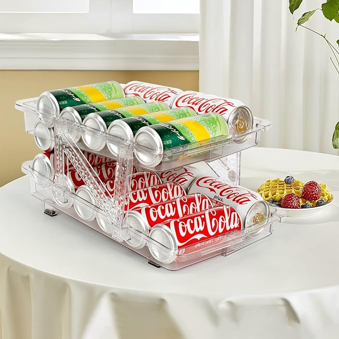 2 Pack Drink Organizer for Refrigerator, Soda Can Dispenser, Adjustable Width Canned Food Pop Cans Container Beverage Holder for Fridge Organizing, Clear Plastic Storage Bins