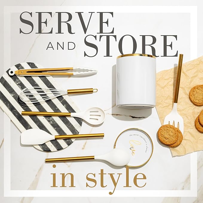 8 Piece White and Gold Kitchen Utensils – White Silicone Cooking Utensils Set, Ceramic Utensil Holder & Stackable Gold Spoon Rest –Nonstick, Non-Toxic, Heat Resistant, Luxury Kitchen Accessories