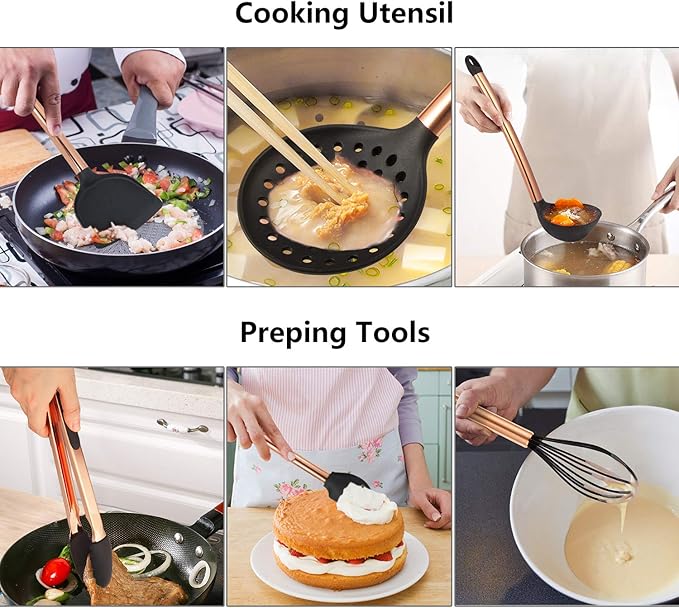 Silicone Cooking Utensil Set,14 Pcs Kitchen Utensils Set with Holder Non-stick Heat Resistant Cookware Cooking Turner Tongs Spatula Spoon with Stainless Steel Handle (Gold Black) BPA Free, Non Toxi