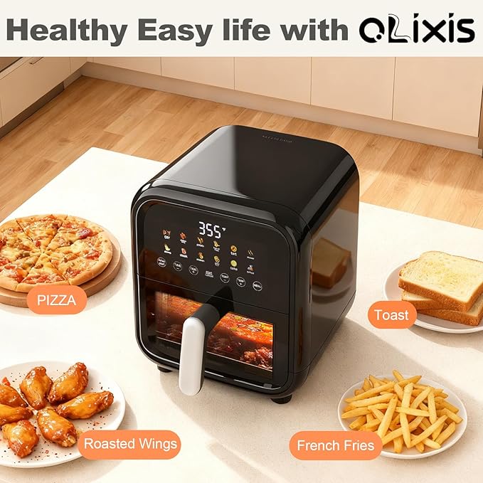 OLIXIS 7.9QT Air Fryer with Window, 12-In-1 Large Air Fryer for Family, 400°F Rapid Air Crispy Technology, Roast Bake Dehydrate Reheat, Nonstick & Easy-Clean Basket, 1800W, Black