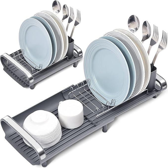 TOOLF Small Dish Drying Rack, Mini Expandable Compact Dish Rack, Slim Extendable Stainless Steel Dish Drainer for Kitchen Plate Storage, Space Saving Dish Strainer in Sink or on Home Countertop, Gray