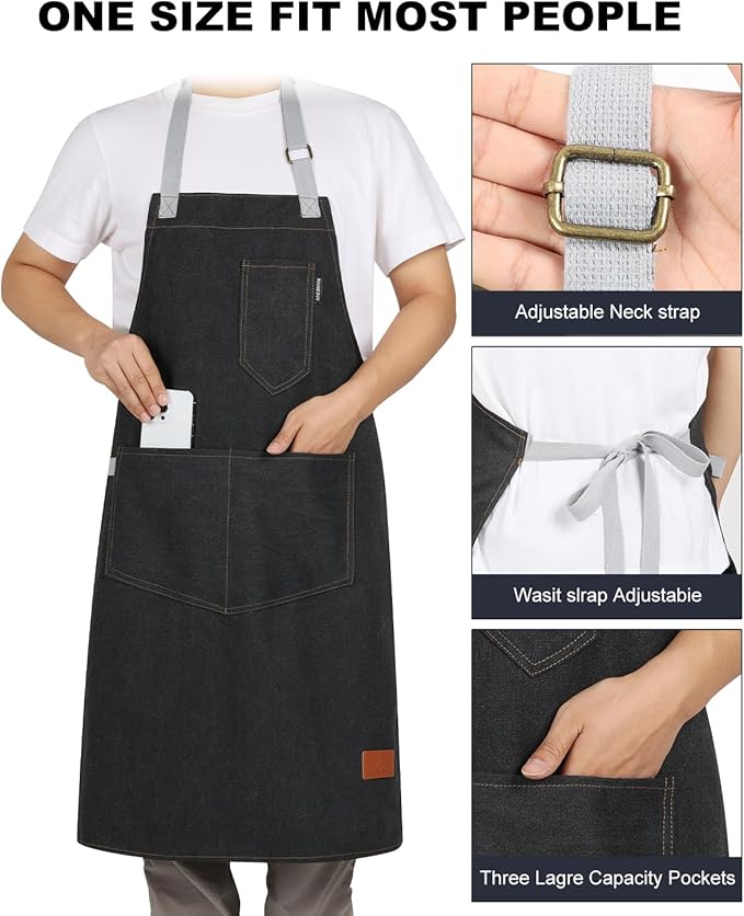 Womens Apron With Pockets Adjustable Shoulder Strap,Apron For Men 38.5" Extra-Long Straps Fit More Body Types,Chef Apron For Kitchen Garden Barbecue Woodworking