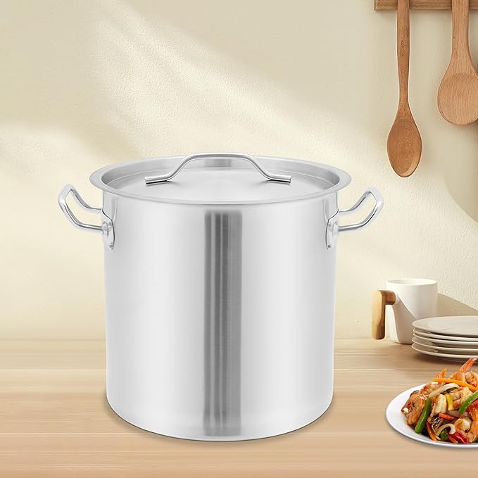 Large Stock Pot with Lid, Stainless Steel Cookware Stockpot, 22.2 Quart Heavy Duty Soup Pot with 2 Handles, All Stoves Compatible, Fast and Uniform Heating