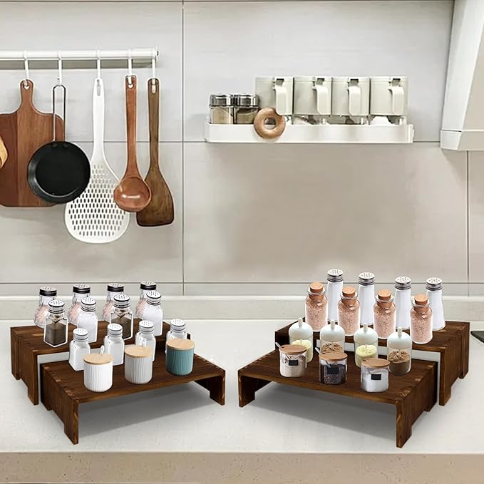 Large Display Riser Wood Risers Cupcake Stand 2 Tier Racks Decorative Rectangular, 2 Set 4 Piece Cologne Perfume Organizer Dessert Stands for Vendors Event