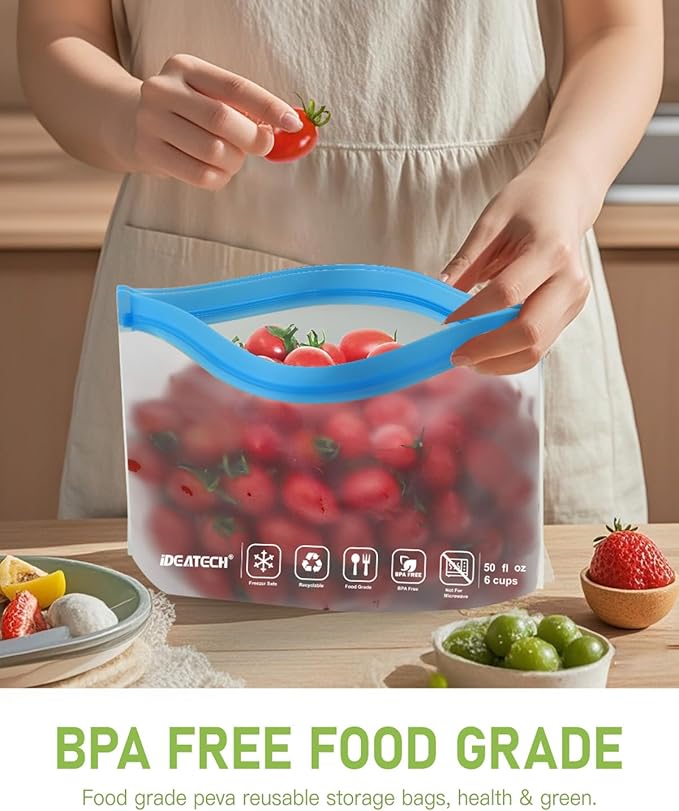IDEATECH 12Pack Reusable Food Storage Bags Dishwasher Safe,Leakproof Gallon Freezer Bags, BPA Free Quart Sandwich Size Silicone Reusable Baggies for Marinate Meats,Travel(7Gallon 5Quart, Colored)