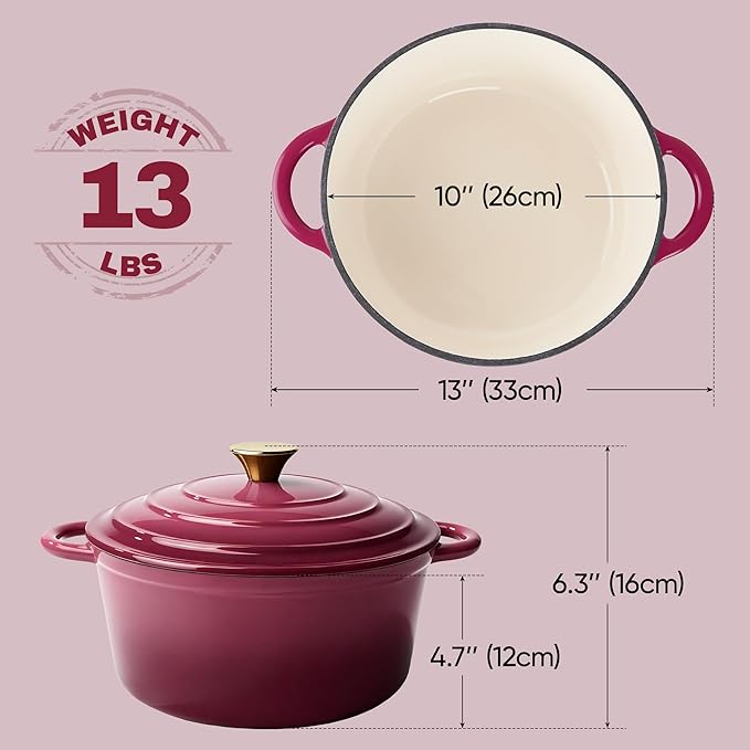 6 Quart Dutch Oven Pot with Lid, Non Stick Enameled Cast Iron Dutch Oven for Bread Baking, Heavy-Duty, Oven Safe Ceramic Cookware Up to 500°F for Baking, Braising, Stews, Roasting, Rose