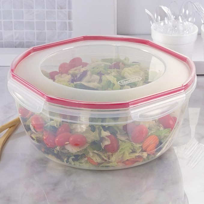 Sterilite Ultra-Seal 8.1 Qt Bowl, Large Airtight Food Storage Container, Latching Lid, Microwave and Dishwasher Safe, Clear With Red Gasket, 6-Pack